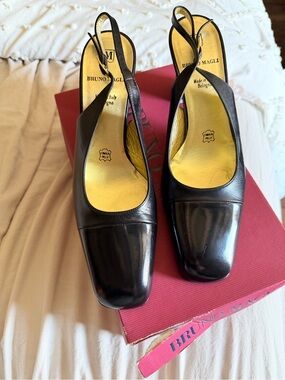 Bruno Magli Black Leather Slingback Pumps with Square Toe